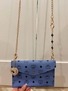 MCM Blue Monogram Clutch Crossbody (Novelty) + Heart extender and Keychain - NIB